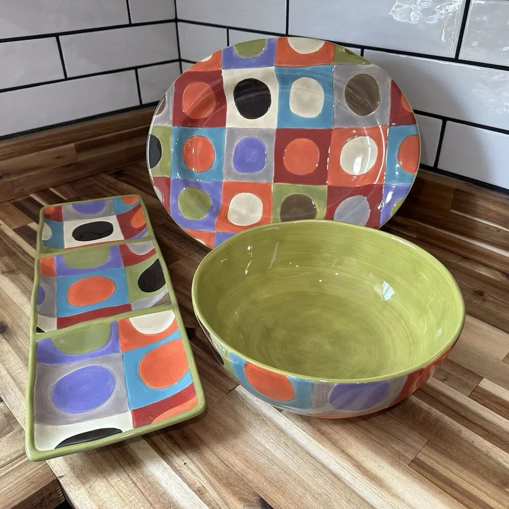 Pier 1 Urban Dot Earthenware 3 Serving Piece Set - Bowl, Platter, Divided Tray